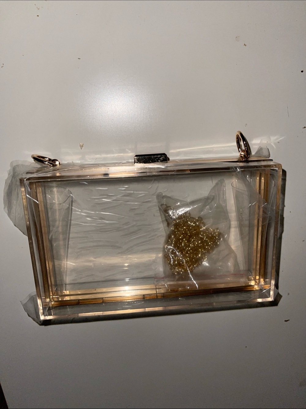 Clear Acrylic Box Clutch with Gold Trim and Chain